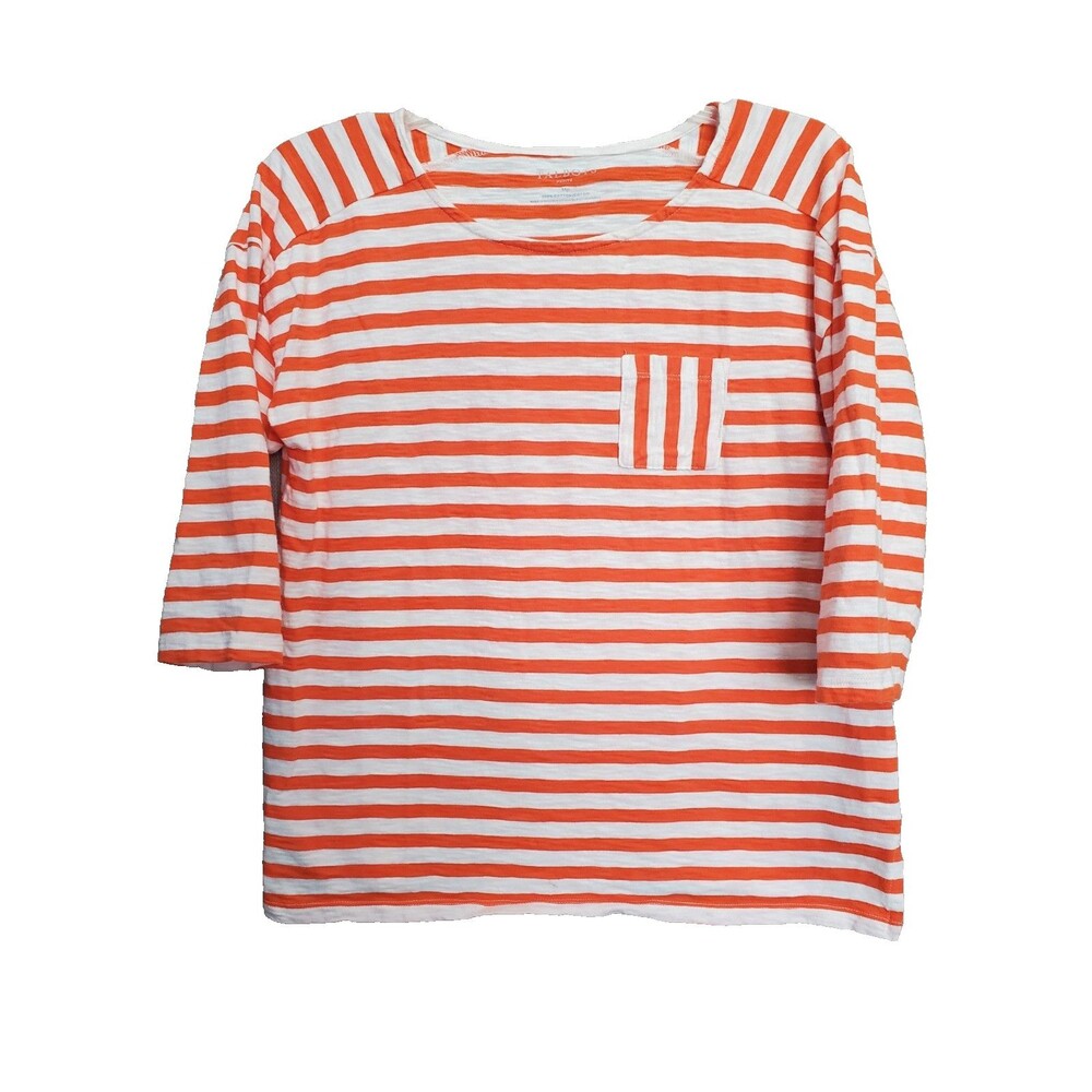 Talbots Petite Slub Knit Cotton Orange Stripe Patch Pocket 3/4 Sleeve T-Shirt MP